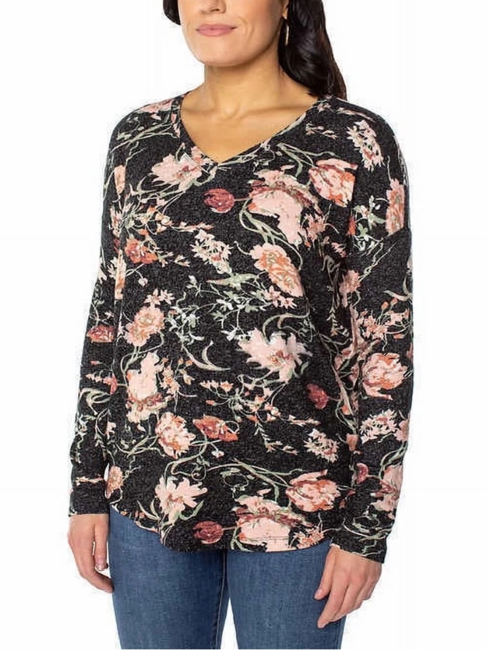 Well Worn Black Floral V-Neck Long Sleeve Top